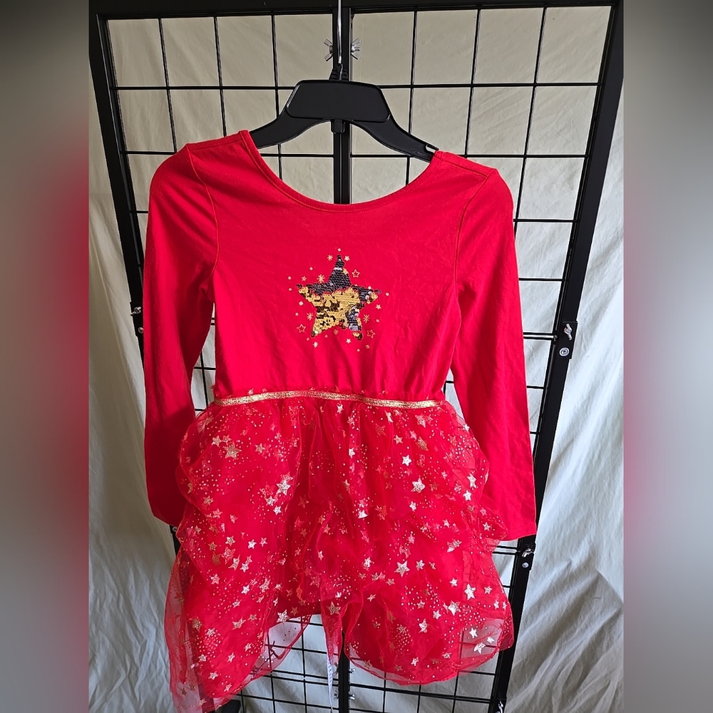 Girls Red Star Dress with Gold Accents